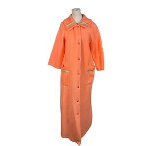 Vintage 70s Bright Peach Fuzzy Rainbow Kidcore Ribbon Detail Maxi Length Robe 16